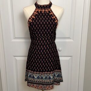 Millau Rayon Halter Neck Patterned Dress with Embroidery